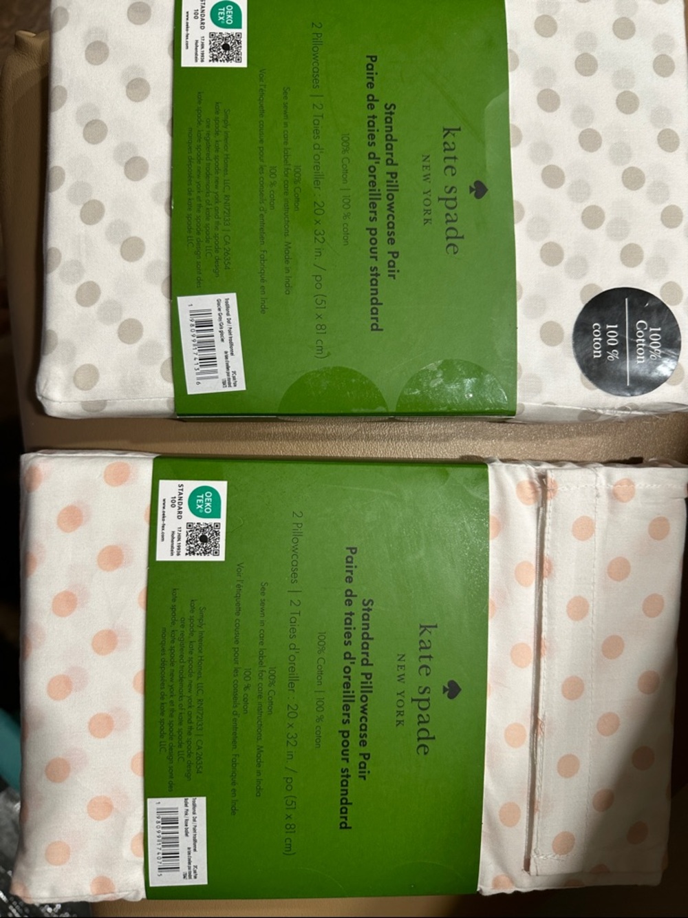 kate spade Polka Dot Standard Pillowcases – Beige & Light Pink Dots - Picture 2 of 2